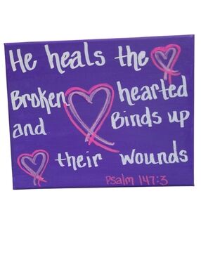Hand Crafted Purple Inspirational Psalm Canvas with Pink Hearts